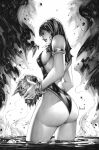  1girl ass back breasts commentary english_commentary greyscale highres kael_ngu monochrome official_art severed_head sideboob thong vampirella vampirella_(character) water 