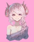  1girl absurdres alternate_costume braid breasts casual cleavage dragon_girl dragon_horns duel_monster highres horns mahcl_(mhcl3466) nurse_dragonmaid pink_background pink_eyes pink_hair pink_theme single_bare_shoulder sketch smile solo upper_body yu-gi-oh! 