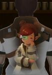  1boy 1girl adventurer_(ff14) brown_eyes brown_hair commentary cup double_bun english_commentary final_fantasy final_fantasy_xiv hair_bun hand_on_own_face hyur jamjamstyle lalafell long_sleeves momodi_modi pointy_ears red_hair scanner short_hair short_sleeves sleeves_past_wrists smile swept_bangs transparent 
