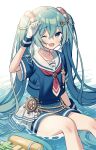  1girl absurdres anchor_hair_ornament blue_eyes blue_hair blue_shirt blue_shorts commentary edward-el funade_no_mae_no_one_day_trip_(project_sekai) gloves hair_ornament hand_up hatsune_miku highres innertube innertube_hair_ornament long_hair looking_at_viewer more_more_jump!_miku necktie one_eye_closed open_mouth project_sekai red_necktie sailor_collar ship&#039;s_wheel shirt shorts sidelocks sitting smile solo super_soaker very_long_hair vocaloid water wet wet_clothes white_background white_gloves white_sailor_collar wrist_cuffs 