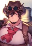  2boys ascot bara barawa black_hair card chat_noir_(granblue_fantasy) closed_mouth collared_shirt cow_boy cow_horns draph facial_hair goatee granblue_fantasy haneten_kagatsu hat holding holding_card horns large_pectorals lowres male_focus mature_male multiple_boys muscular muscular_male pectorals red_ascot shirt short_hair white_shirt 