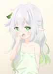  1girl bare_shoulders commentary_request cross-shaped_pupils dress flat_chest genshin_impact green_dress green_eyes green_hair grey_hair long_hair looking_at_viewer multicolored_hair nahida_(genshin_impact) open_mouth pointy_ears simple_background solo symbol-shaped_pupils yu1 