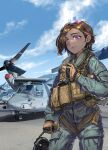  1girl aircraft blue_jumpsuit brown_gloves brown_hair cloud cloudy_sky gloves helicopter highres jumpsuit kws long_sleeves military_uniform original purple_eyes sky solo uniform united_states_air_force v-22_osprey 