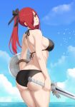  1girl absurdres ass bikini bird black_bikini black_bow blue_sky bow breasts brown_eyes closed_mouth cloud cowboy_shot day derivative_work english_commentary erza_scarlet fairy_tail from_behind hair_bow hair_over_one_eye halterneck head_tilt high_ponytail highres holding holding_sword holding_weapon large_breasts looking_at_viewer looking_back mashima_hiro outdoors red_eyes red_hair shield sideboob sky solo stayaliveplz swimsuit sword weapon 