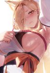  1girl armpits blonde_hair blue_archive blush breasts brown_eyes closed_mouth clothes_pull covered_nipples from_below hair_over_one_eye hairband halo highres japanese_clothes kaho_(blue_archive) large_breasts looking_at_viewer mole mole_under_mouth padoruu presenting_armpit sideboob simple_background smell solo steaming_body upper_body white_background 