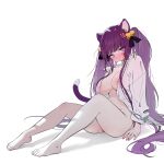  1girl animal_ears barefoot bell black_ribbon blush bottomless breasts bug butterfly cat_ears cat_girl cat_tail commission feet hair_bell hair_ornament hair_ribbon highres knees_up large_breasts legs long_hair long_sleeves looking_at_viewer msaeng_(00grimza) naked_shirt nose_blush open_clothes open_shirt original purple_eyes purple_hair pussy_juice ribbon second-party_source shirt sidelocks simple_background sitting solo sul-lin-a tail toenails toes twintails very_long_hair white_background white_shirt 