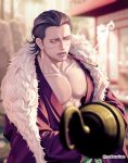  1boy black_hair blurry blurry_background blurry_foreground coat crocodile_(one_piece) earrings fur_trim hair_slicked_back highres hook_hand jewelry large_pectorals light_smile looking_at_viewer male_focus medium_hair moboneisan muscular muscular_male nipples one_piece open_clothes outdoors parted_lips pectorals purple_coat scar scar_on_face smoke smoking_pipe teeth twitter_username upper_teeth_only yellow_eyes 