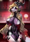  alcohol anthro aomori bar beverage big_breasts black_sclera blonde_hair bottomless breasts choker clothed clothing cocktail_glass container cup dragon dress drinking_glass female glass glass_container glass_cup hair hi_res horn jewelry latex long_hair necklace nipple_outline pentagram purple_eyes scalie smile solo succubus thick_thighs topwear wide_hips 