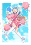  1girl :d arm_up border buneary cheerleader closed_eyes commentary_request dawn_(pokemon) etyaduke eyelashes falling_petals hair_ornament hairclip happy highres holding holding_pom_poms kneehighs knees long_hair open_mouth outline petals pink_shirt pink_skirt piplup pokemon pokemon_(anime) pokemon_(creature) pokemon_dppt_(anime) pom_pom_(cheerleading) shirt shoes skirt sleeveless sleeveless_shirt smile sneakers socks white_border white_socks 