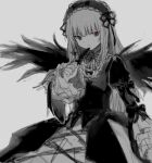  1girl :| closed_mouth denri dress feathered_wings feathers gothic_lolita hand_up highres holding holding_feather juliet_sleeves lolita_fashion long_hair long_sleeves neck_ribbon puffy_sleeves red_eyes ribbon rozen_maiden sleeve_bow solo suigintou wings 