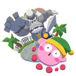 afterimage blush_stickers cage gate gorilla gorimondo green_headwear hat highres holding holding_sword holding_weapon kirby kirby_(series) kirby_and_the_forgotten_land miclot open_mouth palm_tree simple_background sword sword_kirby tree waddle_dee weapon white_background 