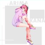  1girl :o absurdres aqua_nails arima_kana arm_support between_legs boots character_name fingernails from_side full_body grey_background hand_between_legs hat head_tilt highres hood hood_down hoodie invisible_chair knee_up leg_warmers lilac10 long_sleeves looking_at_viewer multicolored_footwear open_mouth oshi_no_ko pink_footwear pink_leg_warmers purple_footwear purple_hoodie red_eyes red_hair red_leg_warmers red_shorts shoes short_hair short_shorts shorts simple_background sitting sneakers solo twitter_username white_background white_headwear winged_footwear yellow_footwear 