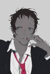  1boy adachi_tooru black_hair black_jacket collared_shirt commentary english_commentary finger_in_own_mouth grey_background grey_eyes hand_up jacket kaninn long_sleeves looking_to_the_side male_focus nail_polish necktie open_mouth persona persona_4 red_nails red_necktie shirt short_hair simple_background solo teeth twitter_username upper_body white_shirt 