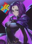  1girl absurdres belt black_leotard bob_cut breasts brooch cape colored_skin commentary copyright_name dc_comics english_commentary expressionless forehead_jewel grey_skin highres hood hooded_cape jewelry leotard looking_at_viewer mato-c purple_hair raven_(dc) solo teen_titans upper_body 
