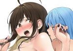  2girls ahoge alternate_hairstyle aqua_(konosuba) blush breasts brown_eyes brown_hair collarbone hands_up highres izawa_(bhive003) kono_subarashii_sekai_ni_shukufuku_wo! large_breasts long_hair looking_at_another multiple_girls portrait purple_nails sideways_glance teeth tongue wiz_(konosuba) 