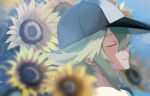  1boy blue_sky closed_eyes day flower from_side green_hair hat light_smile medium_hair n_(pokemon) outdoors pokemon pokemon_(game) pokemon_bw portrait sky solo sunflower zero_(sleepy_meltan) 