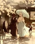  1girl 2boys artist_name ball blurry blurry_background branch english_commentary falling_petals flower frilled_umbrella frills hakama hakama_pants holding holding_ball holding_umbrella japanese_clothes juliet_sleeves long_sleeves looking_at_another male_child multiple_boys nadia_kim no_humans original pants petals puffy_sleeves reflection smile umbrella walking white_flower 