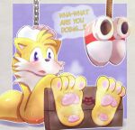  arms_tied bdsm blush bodily_fluids bondage bound clothing feet foot_fetish footwear male miles_prower musk musk_clouds onechan pawpads paws sega shoes shoes_removed solo sonic_the_hedgehog_(series) sweat 