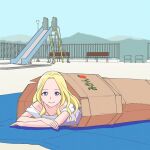  1girl bench blonde_hair box byackopath_(artist) cardboard_box commentary day fuurin_asumi healin&#039;_good_precure homeless in_box in_container long_hair looking_at_viewer outdoors precure purple_eyes slide smile solo tarpaulin 