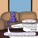 baby_talk cuddlybloodily dialogue english_text feral fluffy_pony fur furniture hi_res male offscreen_character purple_body purple_fur sofa solo text window 