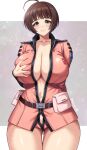  1girl ahoge aqua_eyes ass_visible_through_thighs belt belt_buckle belt_pouch blunt_bangs breasts brown_belt brown_hair buckle clothes_writing collarbone commentary commission dated deep_skin grabbing_own_breast harada_makoto highres huge_breasts jacket long_sleeves looking_at_viewer micro_shorts navel no_bra open_clothes open_jacket parted_lips pink_jacket pink_shorts pouch short_hair shorts skeb_commission smile solo thick_thighs thighs uchuu_senkan_yamato uniform wide_hips yoohi 