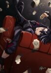  1boy bishounen black_gloves black_hair couch fingerless_gloves from_behind genshin_impact gloves highres looking_back male_focus short_hair smile solo tanuki_nishi ticket white_eyes wriothesley_(genshin_impact) 