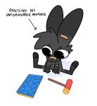  absurd_res anthro band-aid band-aid_on_face band-aid_on_nose bandage black_body black_fur cheek_tuft chest_tuft chibi english_text facial_tuft fur grey_body grey_fur hammer hi_res humor lagomorph lego leporid mammal nick_(the_xing1) rabbit simple_background sitting sitting_on_ground solo text the_xing1 tools tuft white_background wide_eyed 