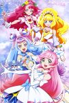  4girls :d absurdres blonde_hair blue_eyes blue_hair bow bridal_gauntlets closed_mouth collarbone crop_top cure_finale cure_la_mer cure_prism delicious_party_precure dress elbow_gloves flower gloves gradient_hair green_eyes hair_bow hair_flower hair_intakes hair_ornament hanadera_nodoka healin&#039;_good_precure heart heart_hair_ornament heart_hands heart_hands_duo highres hiramitsu_hinata hirogaru_sky!_precure holding kasai_amane laura_la_mer long_hair midriff multicolored_eyes multicolored_hair multiple_girls open_mouth pink_hair precure purple_hair rabirin_(precure) red_eyes red_hair sleeveless sleeveless_dress smile stomach strapless tropical-rouge!_precure very_long_hair white_bow white_dress white_gloves yellow_flower 
