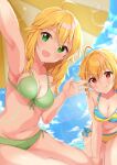  2girls ahoge all_fours bare_shoulders beach beach_umbrella bikini blonde_hair blue_sky blush breasts cleavage cloud collarbone day dot_nose front-tie_bikini_top front-tie_top green_bikini green_eyes highres hoshii_miki ibuki_tsubasa idolmaster idolmaster_(classic) idolmaster_million_live! idolmaster_million_live!_theater_days large_breasts lens_flare long_hair looking_at_viewer midriff multicolored_bikini multicolored_clothes multiple_girls navel ocean open_hand open_mouth outdoors red_eyes selfie short_hair side-tie_bikini_bottom sitting sky smile sunlight swimsuit tktk135 umbrella yokozuwari 