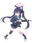  1girl absurdres animal_ears bike_shorts_under_skirt black_hair black_shorts blazer blonde_hair blue_archive blue_necktie blue_ribbon cat_ears cat_girl collared_shirt facing_viewer full_body gun hair_between_eyes hair_ribbon halo highres holding holding_gun holding_weapon jacket jyt legs_apart looking_afar miniskirt necktie plaid plaid_skirt red_eyes ribbon serika_(blue_archive) serious shirt shorts skirt solo standing twintails upskirt weapon white_shirt 