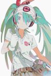  1girl aqua_hair bag beanie blue_eyes collared_shirt dated gloves hair_between_eyes hair_ribbon hand_up hat hatsune_miku headphones highres holding_strap long_hair looking_at_viewer piano_print pokemon polo_shirt project_voltage psychic_miku_(project_voltage) red_ribbon ribbon ritoon_0 shirt short_sleeves shoulder_bag simple_background solo twintails very_long_hair vocaloid white_background white_gloves white_headwear white_shirt 