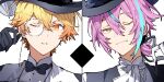  2boys absurdres ascot black_bow black_bowtie black_headwear black_ribbon blonde_hair bow bowtie hair_ribbon hat highres hoshi-toge kamishiro_rui looking_at_viewer low_ponytail monocle multicolored_hair multiple_boys one_eye_closed parted_lips project_sekai ribbon sekai_no_housekibako streaked_hair tenma_tsukasa top_hat traditional_bowtie white_ascot white_hair yellow_eyes 