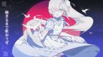  1girl apron bird cowboy_shot dress floating_hair flower full_body grey_eyes grey_hair hair_flower hair_ornament hair_over_one_eye head_scarf highres isekai_joucho kamitsubaki_studio long_hair momori0118 moon night night_sky parted_lips ponytail red_moon short_sleeves sky smile solo very_long_hair virtual_youtuber white_apron 