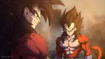  absurdres biceps black_hair blue_eyes body_fur closed_mouth dragon_ball dragon_ball_gt highres horang4628 long_hair male_focus monkey_boy monkey_tail multiple_boys muscular muscular_male no_nipples pants pectorals red_fur saiyan smile son_goku spiked_hair super_saiyan super_saiyan_4 tail vegeta 