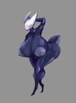  anthro arthropod big_breasts big_butt black_body black_nipples blush breasts butt female gatofashado grey_background hi_res hollow_knight hornet_(hollow_knight) huge_breasts huge_butt insect nipples simple_background solo standing team_cherry vessel_(species) white_face 