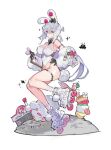  1girl animal_ears bow bowtie breasts copyright_request detached_sleeves long_hair rabbit_ears roller_skates skates starshadowmagician thighs very_long_hair white_background white_hair 