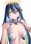  1girl absurdres bare_shoulders black_hair blue_hair breasts center_opening character_request closed_mouth commentary hair_between_eyes highres honkai_(series) honkai_impact_3rd leaning_to_the_side leotard long_hair medium_breasts orange_eyes pyeong-il_pyeongil simple_background solo symbol-only_commentary upper_body very_long_hair white_background white_leotard 