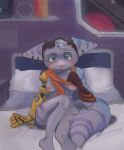  absurd_res anthro bed blush breasts crossed_legs embarrassed feekus345 female furniture hi_res lombax looking_at_viewer mammal on_bed ratchet_and_clank rivet_(ratchet_and_clank) scarf solo sony_corporation sony_interactive_entertainment 