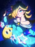  1girl aqua_dress bare_shoulders blonde_hair blue_eyes blush brooch chromatic_aberration collarbone crown dress earrings hair_over_one_eye highres jewelry komekome_chonpa luma_(mario) mario_(series) off-shoulder_dress off_shoulder rosalina sky star_(sky) star_(symbol) star_brooch star_earrings star_wand starry_background starry_sky super_mario_galaxy wand 