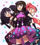  3girls :d black_bow black_gloves black_hair blue_eyes blush bow brown_hair chain choker club_(shape) diamond_(shape) dress fang gaaruru_(pripara) gloves hair_bow hands_on_own_hips headphones heart highres idol_clothes kurosu_aroma long_hair looking_at_viewer multiple_girls open_mouth pink_dress ponytail pretty_(series) print_dress pripara puffy_short_sleeves puffy_sleeves purple_gloves red_choker red_hair shiratama_mikan short_sleeves smile spade_(shape) standing striped striped_thighhighs thighhighs tsukiyo_michi twintails yellow_eyes 