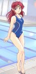  1990s_(style) 1girl azalyn_(musekinin_kanchou_tylor) bare_arms bare_legs bare_shoulders barefoot blue_one-piece_swimsuit breasts circlet eyelashes gem green_gemstone highres indoors long_hair medium_breasts mizumori_keiichi musekinin_kanchou_tylor one-piece_swimsuit open_mouth pointy_ears pool poolside purple_eyes red_hair retro_artstyle simple_background solo standing swimsuit tiptoes water white_background 