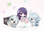  3girls :d barefoot blue_bow blue_eyes blue_hair blue_jacket blue_socks bow bubbly_seahorse_(genshin_impact) chibi commentary_request cross-shaped_pupils cup eyes_visible_through_hair flower furina_(genshin_impact) genshin_impact green_eyes green_hair hair_between_eyes hair_flower hair_ornament hair_over_one_eye jacket long_hair lying multicolored_hair multiple_girls nahida_(genshin_impact) on_side open_clothes open_jacket pink_background polka_dot polka_dot_bow purple_eyes purple_flower purple_hair raiden_shogun saucer scaramouche_(cat)_(genshin_impact) scaramouche_(genshin_impact) shirogane_hina shirt side_ponytail simple_background sitting smile socks streaked_hair striped striped_jacket striped_socks symbol-shaped_pupils teacup teapot very_long_hair white_hair white_shirt yae_miko yae_miko_(fox) 
