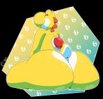  2022 ambiguous_gender anthro big_butt biped butt digital_media_(artwork) hi_res huge_butt hyper hyper_butt mario_bros nintendo nude rear_view simple_background sitting smile solo thelewdshi thick_thighs wide_hips yellow_yoshi yoshi 