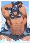  1boy abs absurdres armpits bandaged_head bandages bara belt black_belt black_gloves black_male_swimwear blue_cape cape closed_mouth draph gloves granblue_fantasy highres horns large_pectorals male_focus male_swimwear muscular muscular_male navel nipples official_alternate_costume one_eye_closed pectorals solo splashing topless_male vaseraga vaseraga_(summer)_(granblue_fantasy) water zhuganchangjiadan 