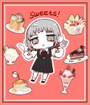  1girl absurdres artist_request black_ribbon butter cake cake_slice candy chainsaw_man chibi chocolate_cake concentric_circles dress earrings english_text fami_(chainsaw_man) food fork fourth_east_high_school_uniform fruit highres holding holding_fork holding_spoon honey ice_cream jewelry limited_palette mole mole_under_eye mole_under_mouth multiple_moles neck_ribbon pancake pancake_stack pinafore_dress plate ribbon ringed_eyes school_uniform simple_background spoon tassel tassel_earrings triangle_mouth 