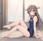  1girl barefoot bed blue_one-piece_swimsuit breasts brown_eyes curtains full_body grey_hair hair_ornament hairband hairclip haruna_(kancolle) headgear highres kantai_collection looking_at_viewer medium_breasts neopure old_school_swimsuit one-piece_swimsuit school_swimsuit smile solo swimsuit window 