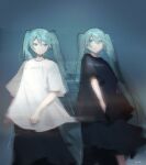  2girls aqua_eyes aqua_hair black_shirt black_skirt blue_nails character_name clothes_writing commentary feet_out_of_frame glitch hassan_(sink916) hatsune_miku highres long_hair motion_blur multiple_girls nail_polish parted_lips shirt sideways_glance skirt standing t-shirt twintails very_long_hair vocaloid white_shirt 