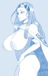  1girl aurahack beth_(shin_megami_tensei_ii) breasts cape closed_mouth cross cross_earrings earrings elbow_gloves from_side gloves greyscale headband highres jewelry large_breasts leotard long_hair looking_away monochrome nipples shin_megami_tensei shin_megami_tensei_ii simple_background solo standing white_gloves 