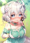  1girl after_ejaculation ahoge artist_name azur_lane black_hair blue_eyes blurry blurry_background blush breast_press breasts bukkake choker commentary_request cum dress field flower grabbing_own_breast gradient_hair grass green_dress green_hairband green_ribbon grey_hair hair_flower hair_ornament hairband hands_on_own_breasts heart heart-shaped_pupils highres large_breasts multicolored_hair off-shoulder_dress off_shoulder official_alternate_costume open_mouth oppai_loli outdoors paid_reward_available ribbon ribbon_choker short_hair signature sitting smile solo spaghetti_strap spoken_heart symbol-shaped_pupils translated two_side_up wariza yufukiri z28_(azur_lane) z28_(sylvan_celebration)_(azur_lane) 