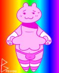  aimkid_(copyright) anthro blush bodily_fluids bulge clothing curvy_figure girly hourglass_figure legwear male pawpads paws peludoburro pink_body rainbow_background simple_background solo sweat thigh_highs unknown_species 